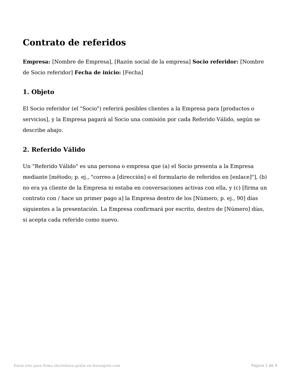 Vista previa de la primera página de la plantilla Contrato de referidos