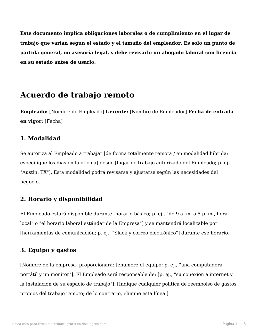 Vista previa de la primera página de la plantilla Acuerdo de trabajo remoto