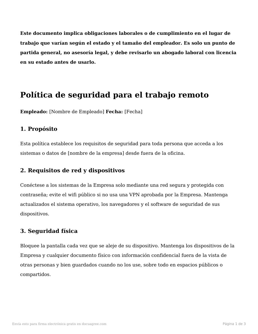 Vista previa de la primera página de la plantilla Política de seguridad para el trabajo remoto