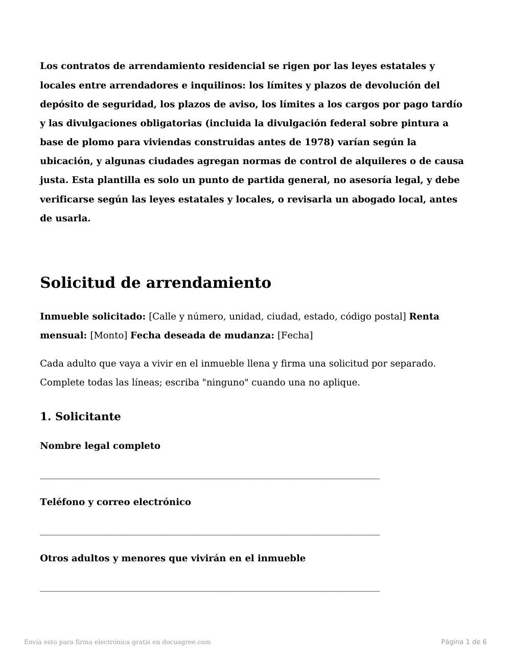 Vista previa de la primera página de la plantilla Solicitud de arrendamiento