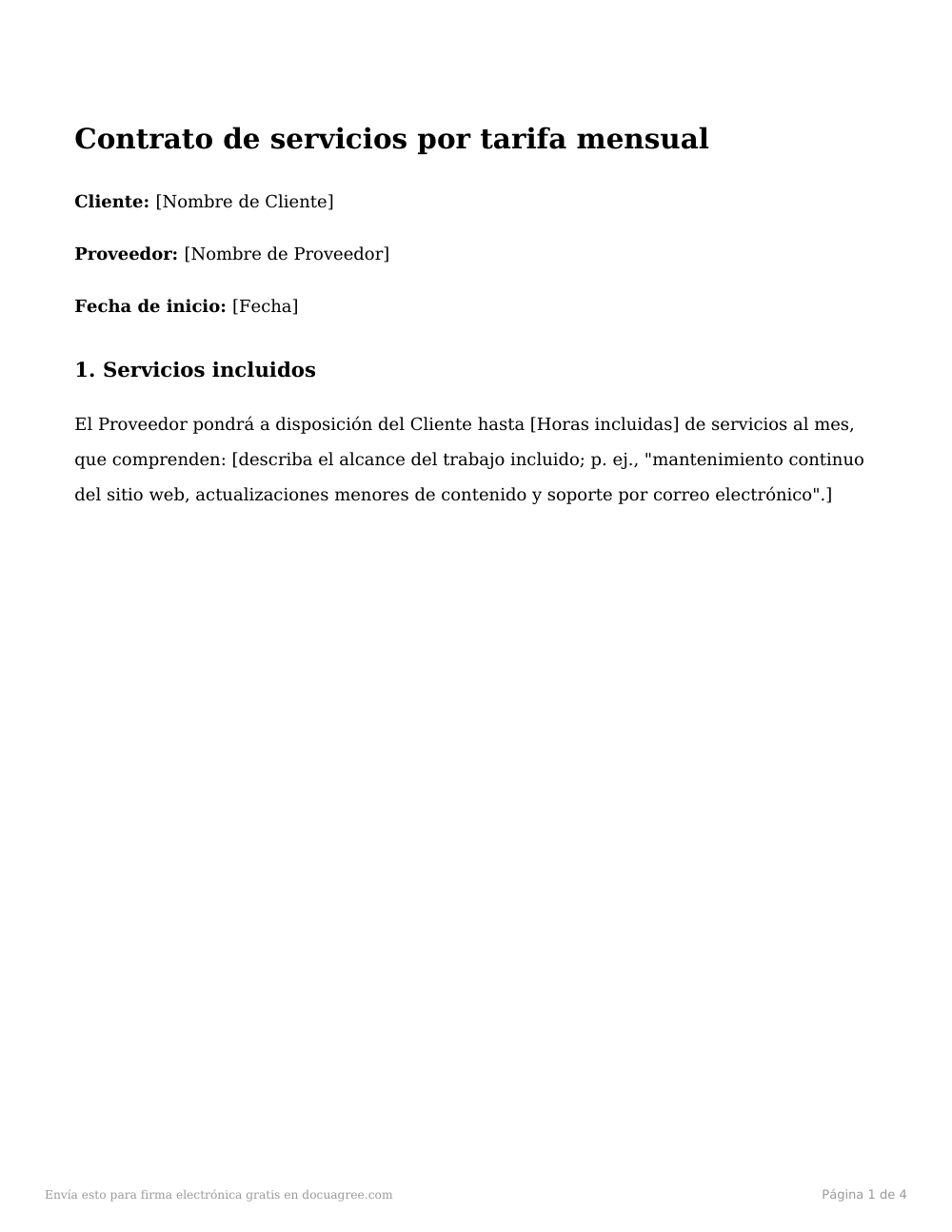 Vista previa de la primera página de la plantilla Contrato de servicios por tarifa mensual (retainer)