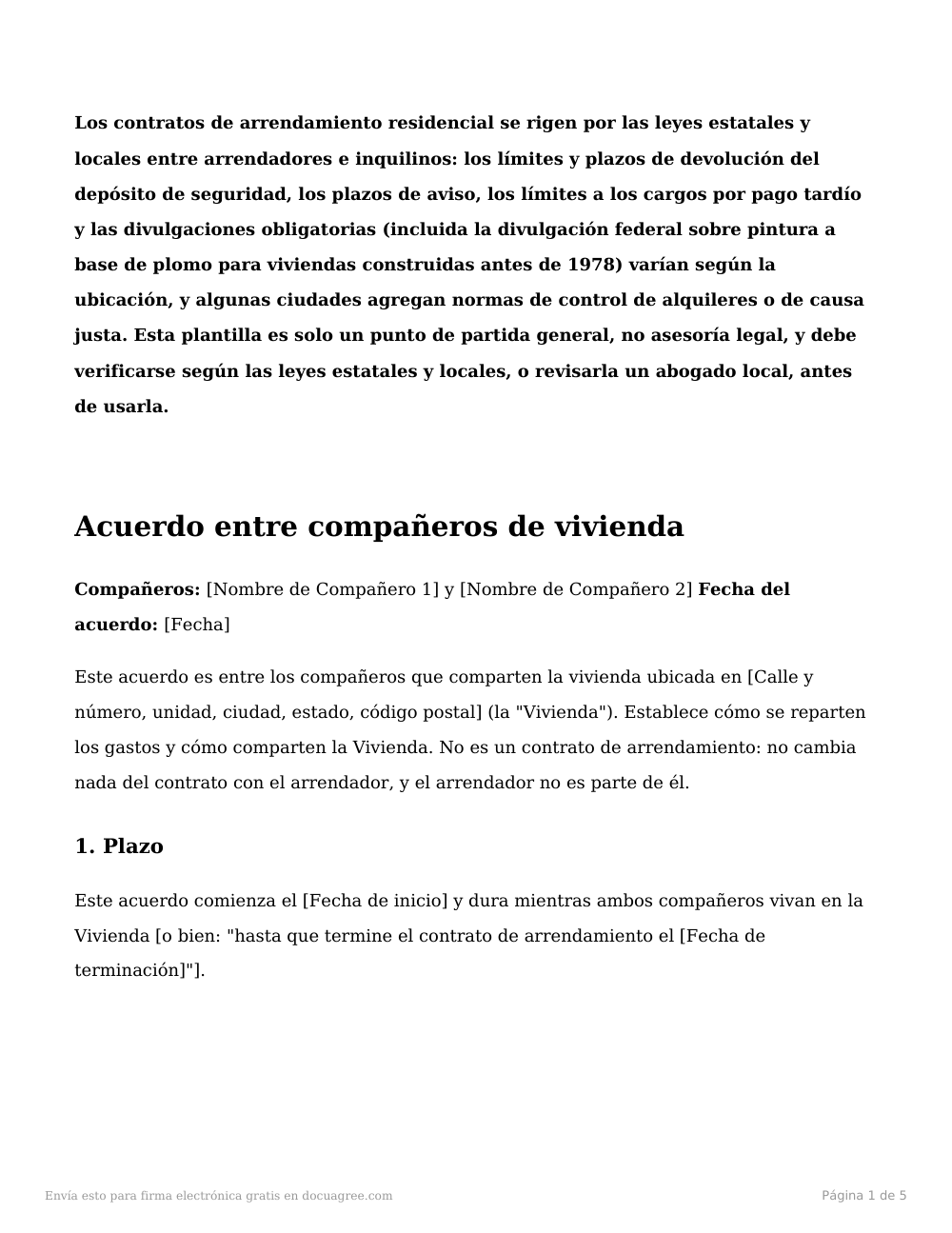 Vista previa de la primera página de la plantilla Acuerdo entre compañeros de vivienda