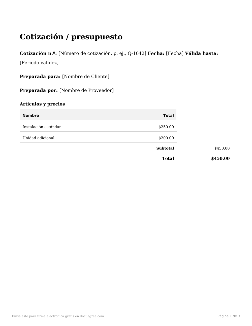 Vista previa de la primera página de la plantilla Cotización / presupuesto