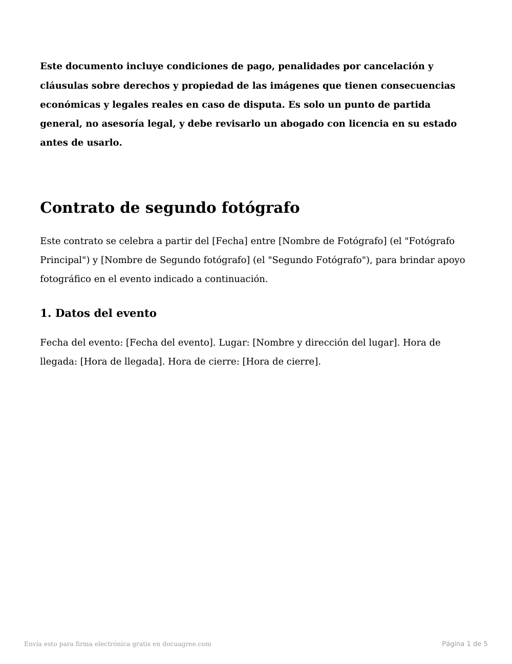 Vista previa de la primera página de la plantilla Contrato de segundo fotógrafo