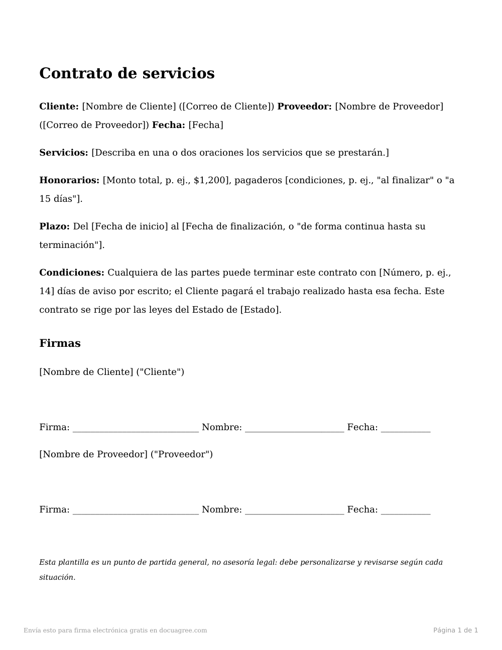 Vista previa de la primera página de la plantilla Contrato de servicios sencillo de una página