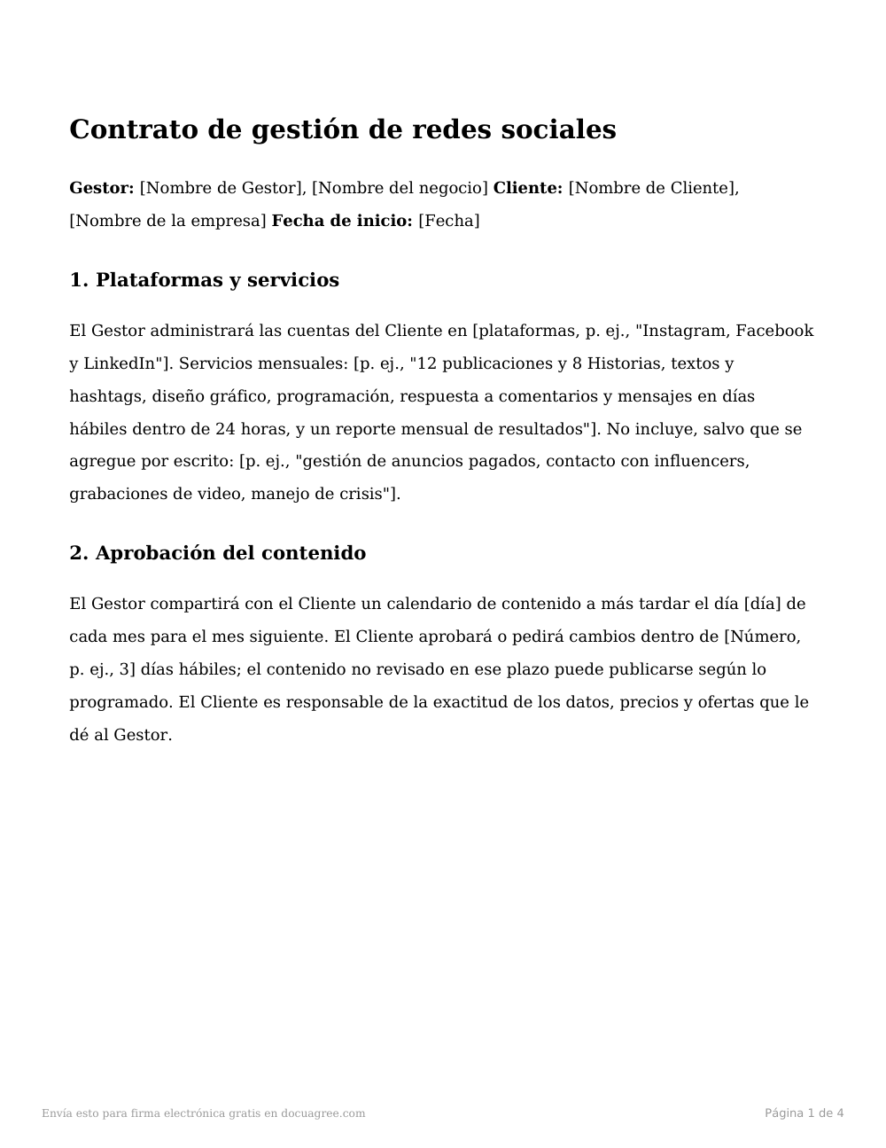 Vista previa de la primera página de la plantilla Contrato de gestión de redes sociales