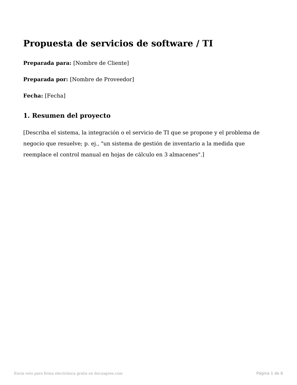Vista previa de la primera página de la plantilla Propuesta de servicios de software / TI