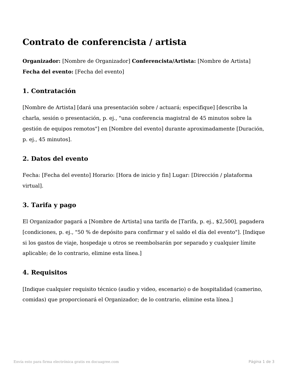 Vista previa de la primera página de la plantilla Contrato de conferencista / artista