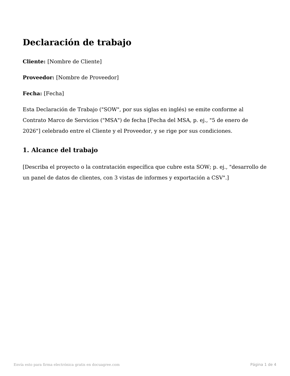 Vista previa de la primera página de la plantilla Declaración de trabajo (SOW)