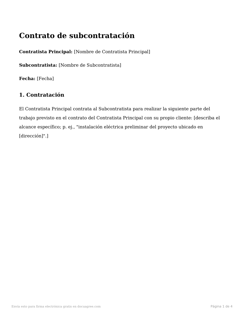 Vista previa de la primera página de la plantilla Contrato de subcontratación