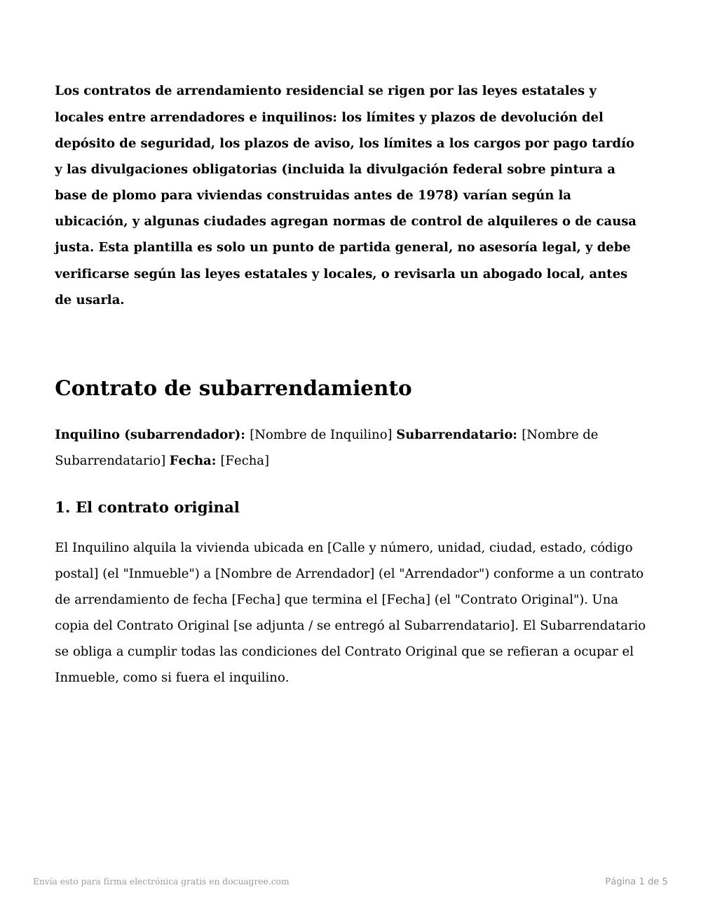 Vista previa de la primera página de la plantilla Contrato de subarrendamiento