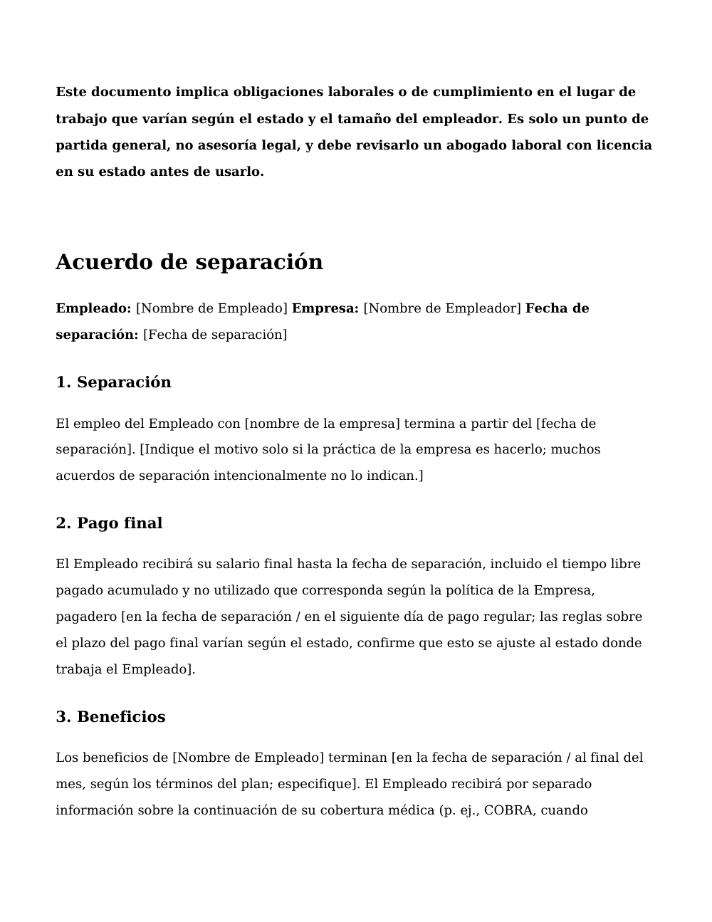 Vista previa de la primera página de la plantilla Carta de terminación / acuerdo de separación