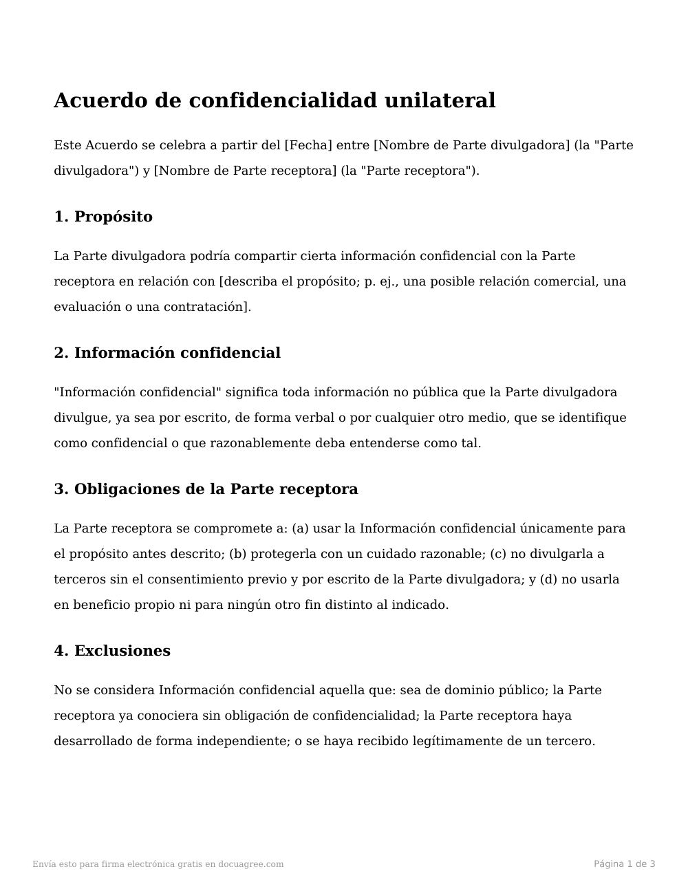 Vista previa de la primera página de la plantilla Acuerdo de confidencialidad unilateral (NDA)