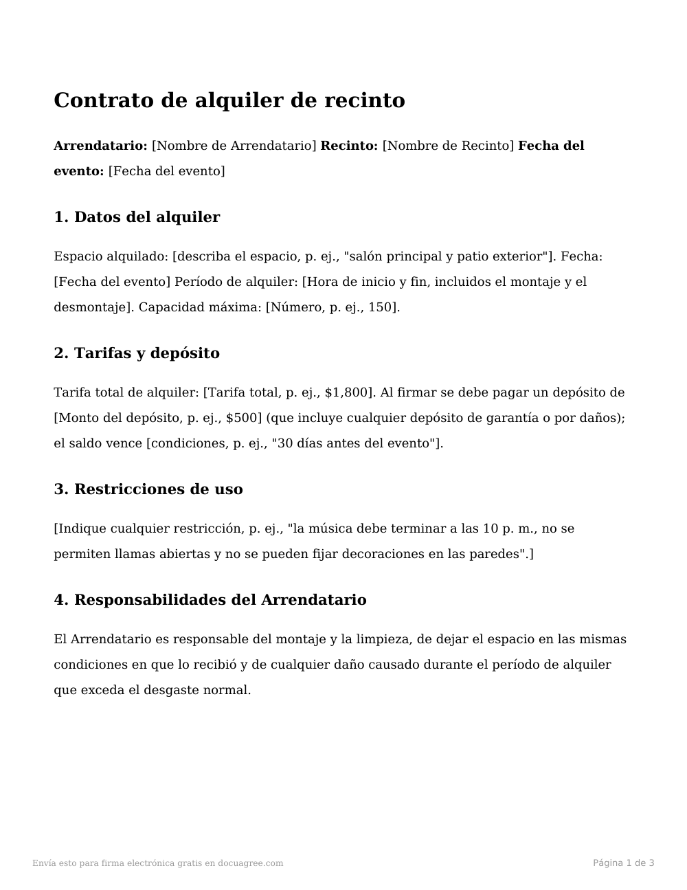 Vista previa de la primera página de la plantilla Contrato de alquiler de recinto