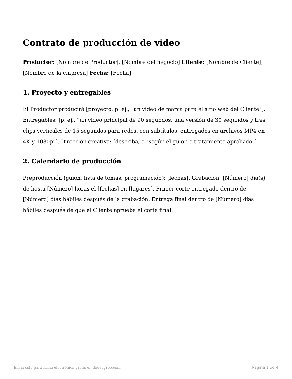 Vista previa de la primera página de la plantilla Contrato de producción de video