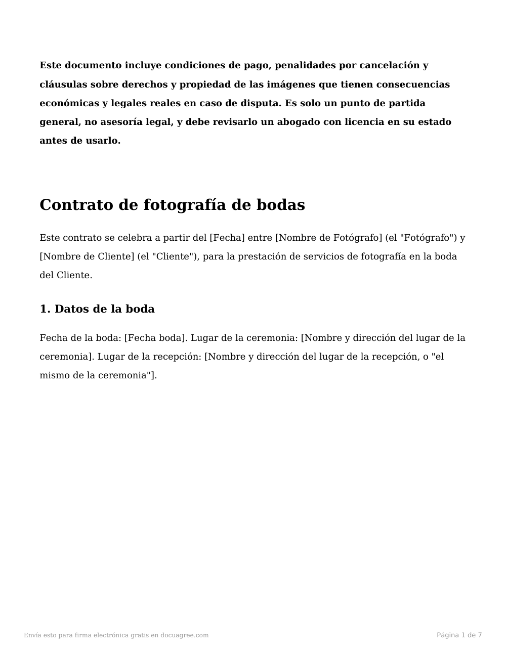 Vista previa de la primera página de la plantilla Contrato de fotografía de bodas