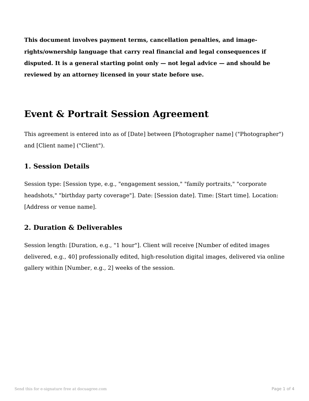 Preview of the first page of the Event & portrait session agreement template