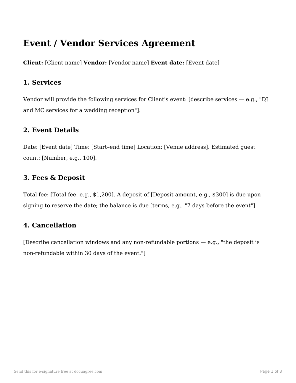 Preview of the first page of the Event / vendor services agreement template