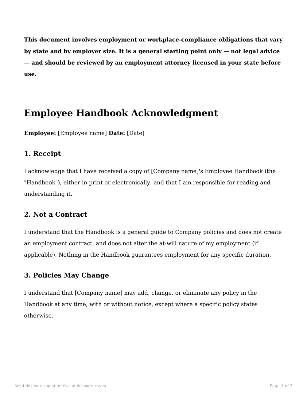 Preview of the first page of the Employee handbook acknowledgment template