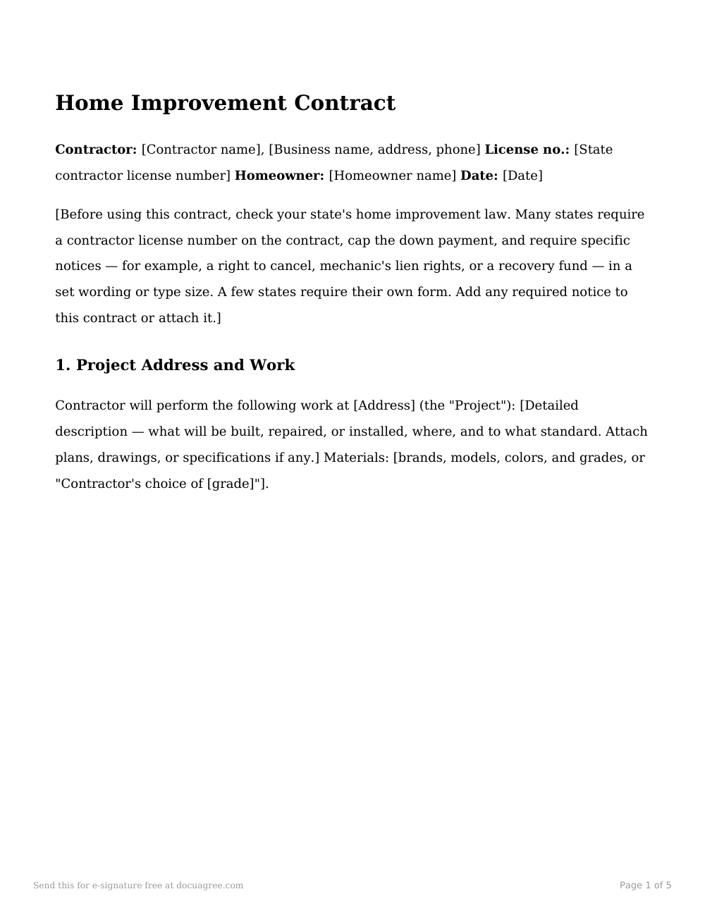 Preview of the first page of the Home improvement contract template