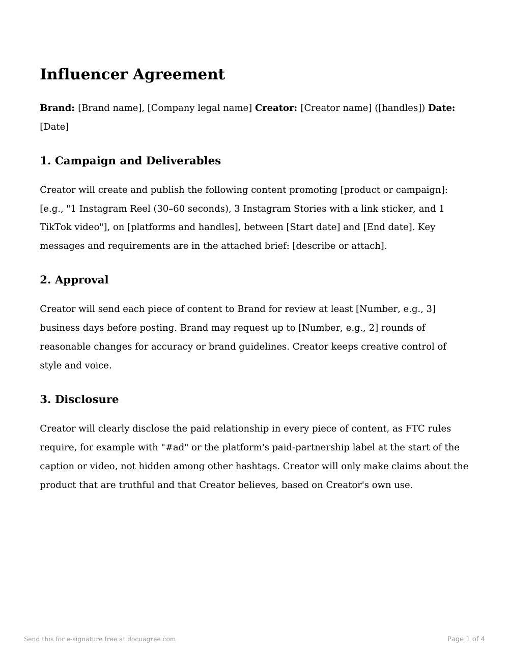 Preview of the first page of the Influencer agreement template