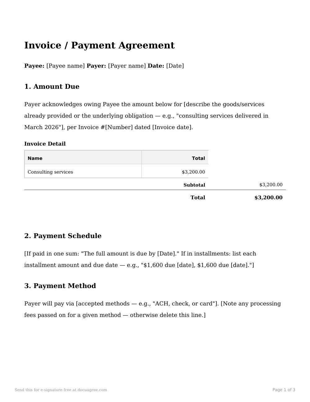 Preview of the first page of the Invoice / payment agreement template