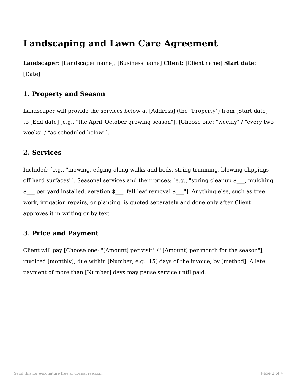 Preview of the first page of the Landscaping & lawn care agreement template