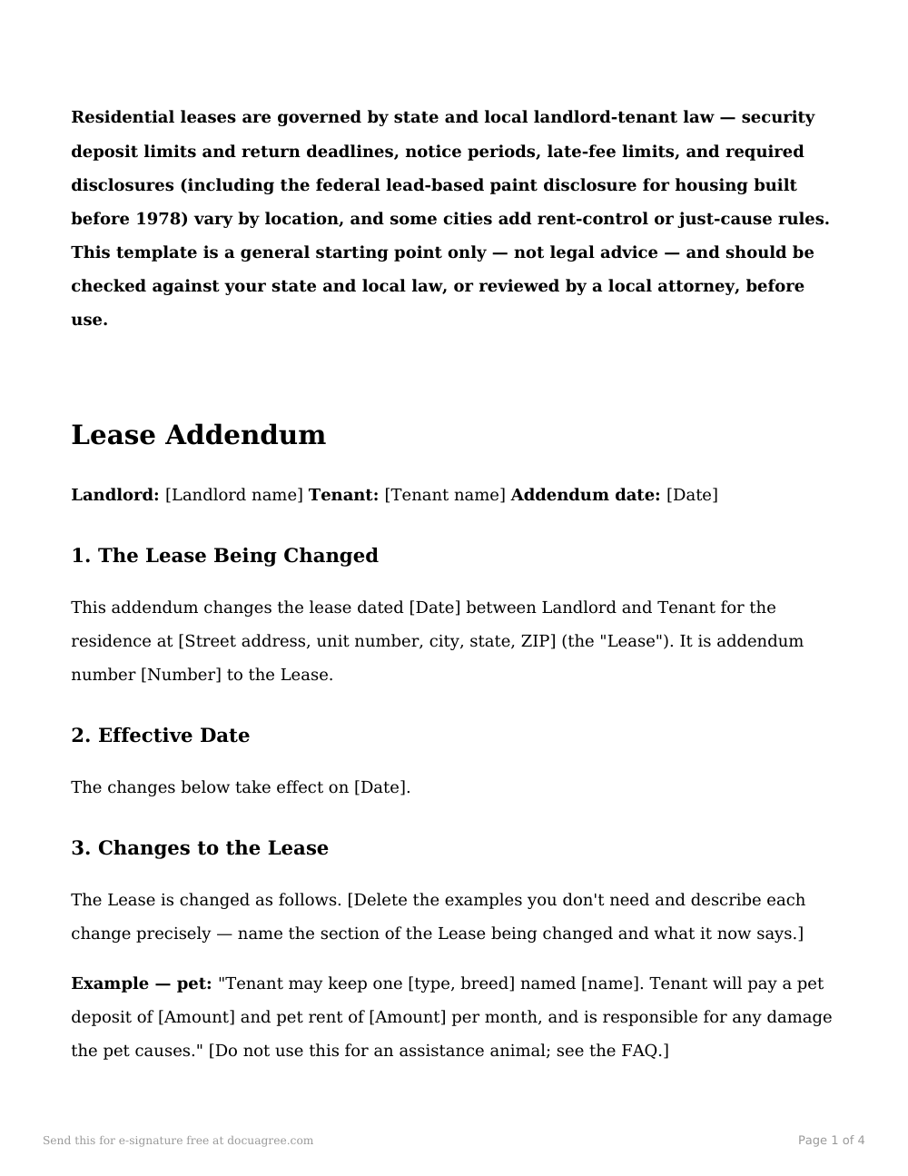 Preview of the first page of the Lease addendum template