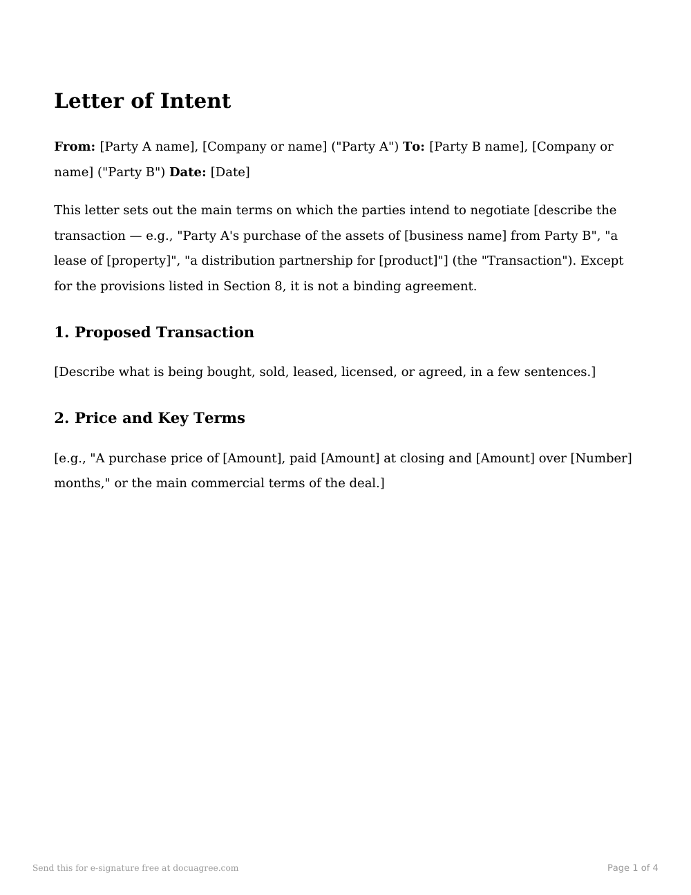 Preview of the first page of the Letter of intent template