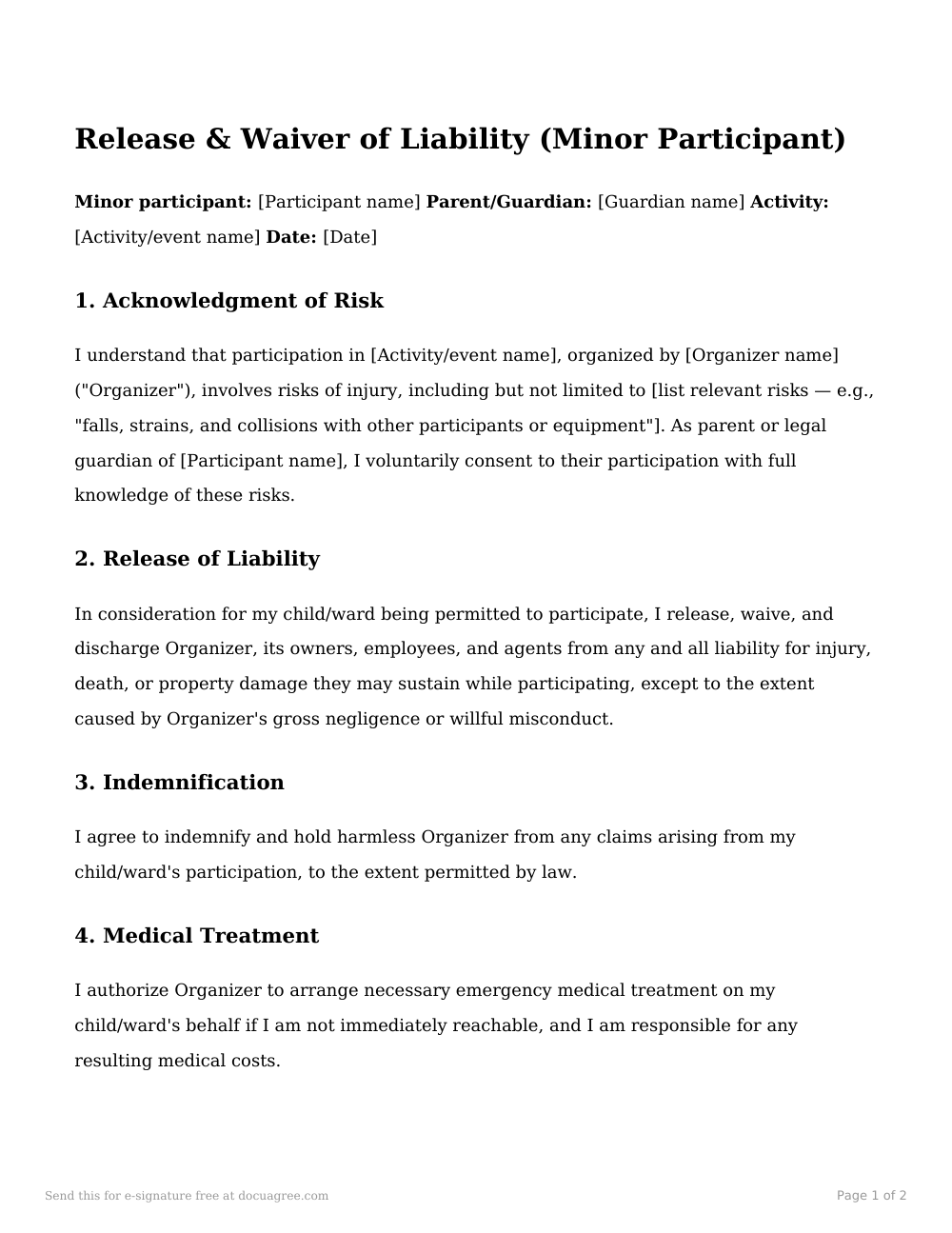 Preview of the first page of the Release / waiver of liability (minor, with guardian) template