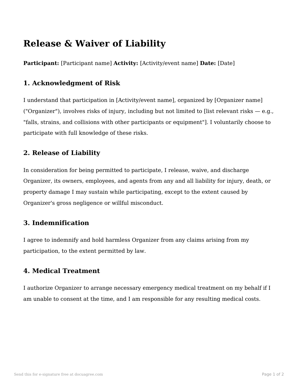 Preview of the first page of the Release / waiver of liability (adult) template
