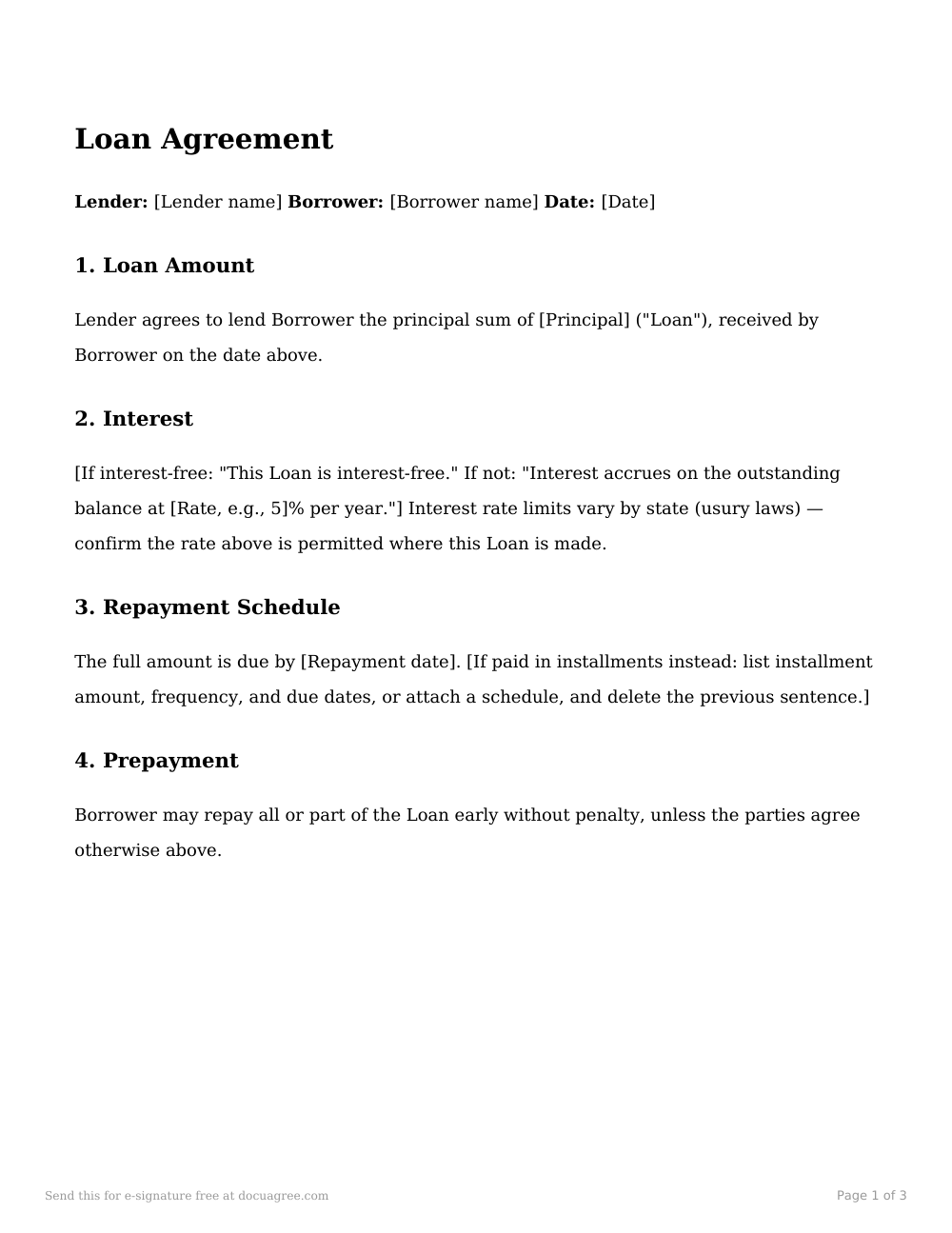 Preview of the first page of the Simple loan agreement template