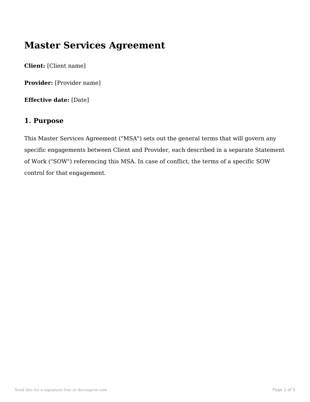 Preview of the first page of the Master services agreement (MSA) template
