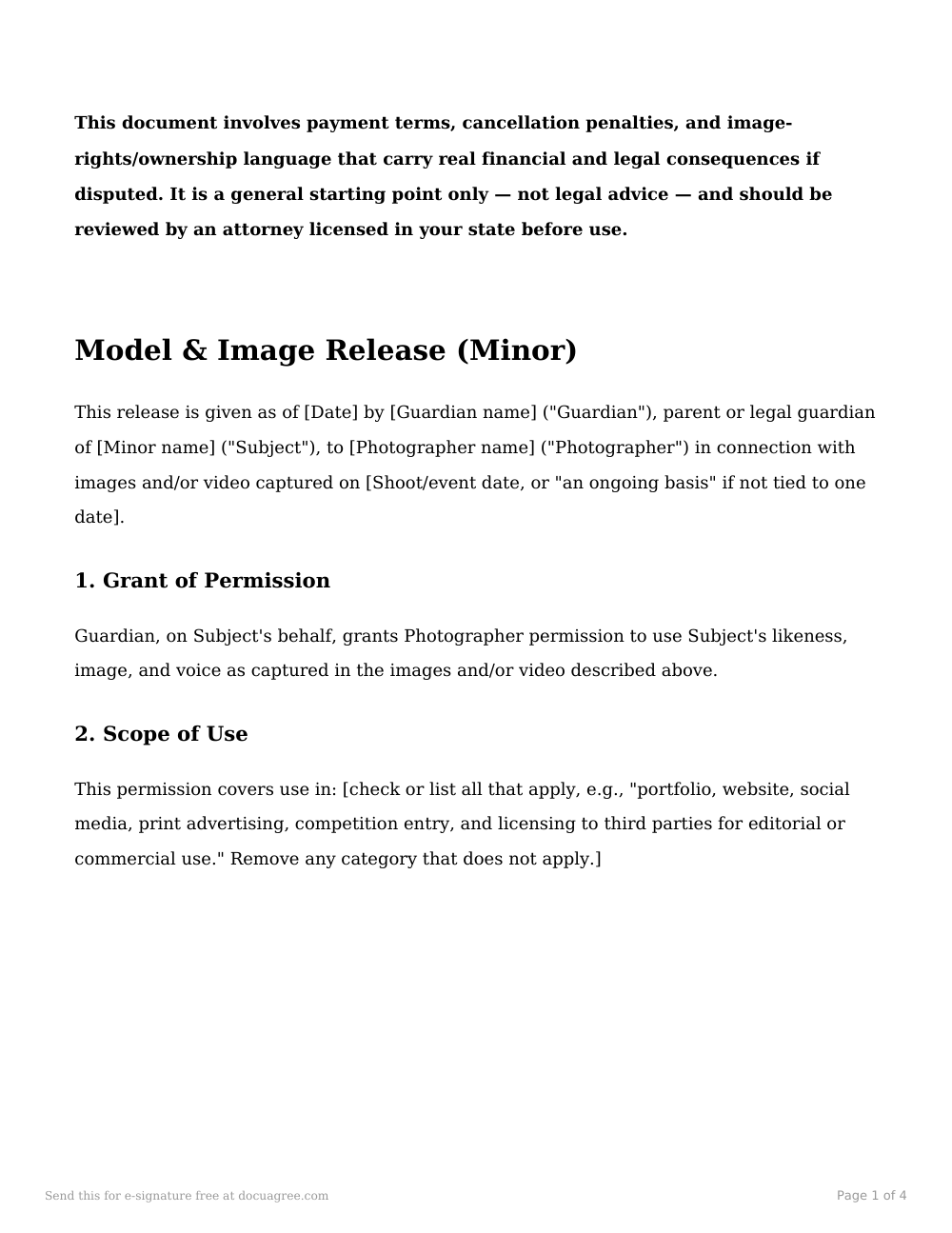 Preview of the first page of the Model release (minor, with guardian) template