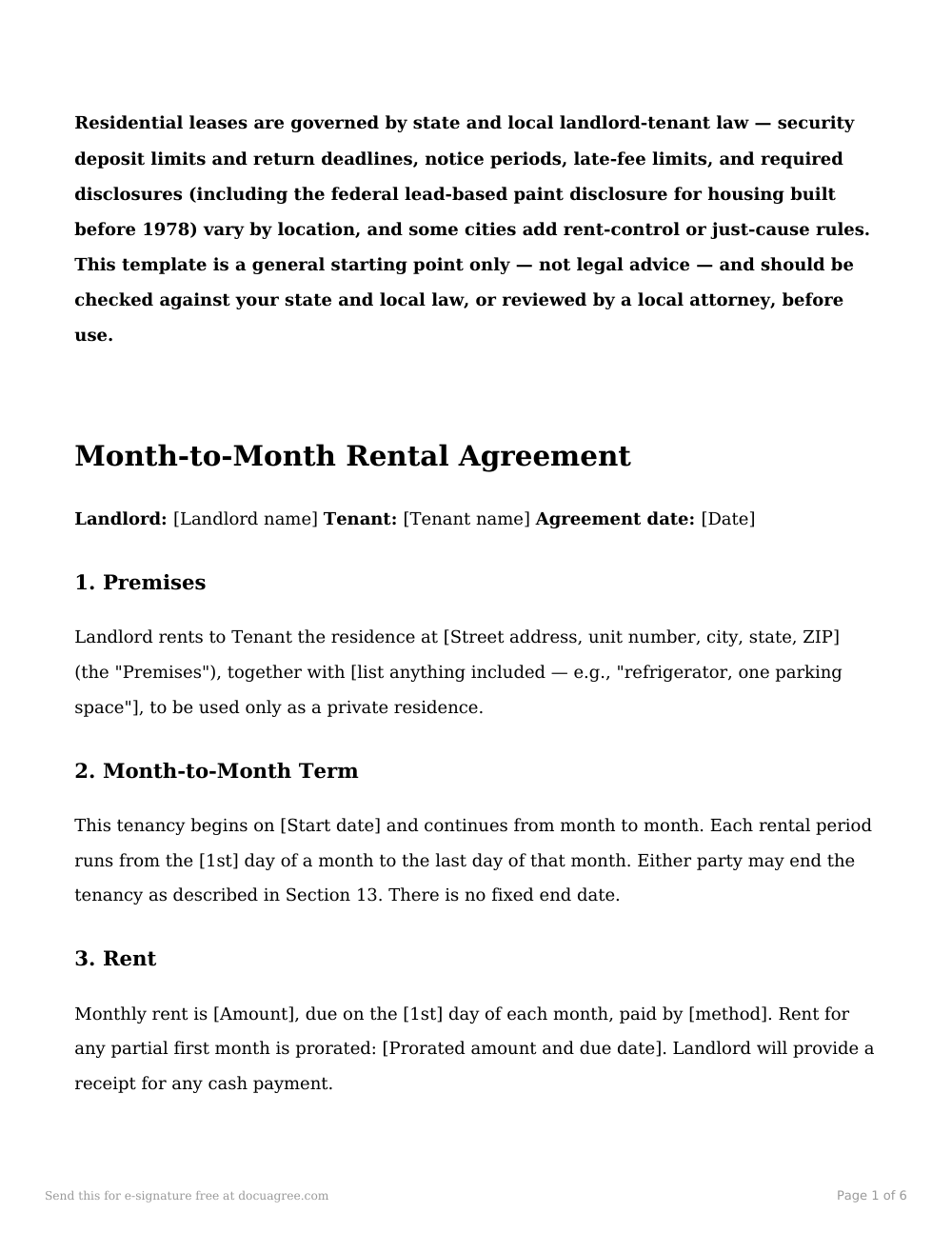 Preview of the first page of the Month-to-month rental agreement template