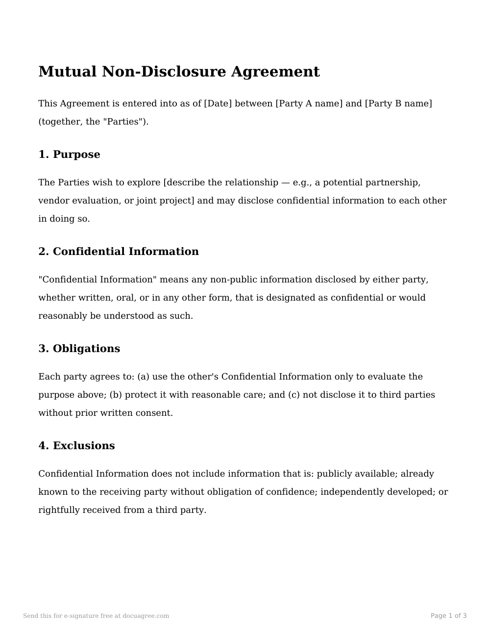 Preview of the first page of the Mutual non-disclosure agreement (NDA) template
