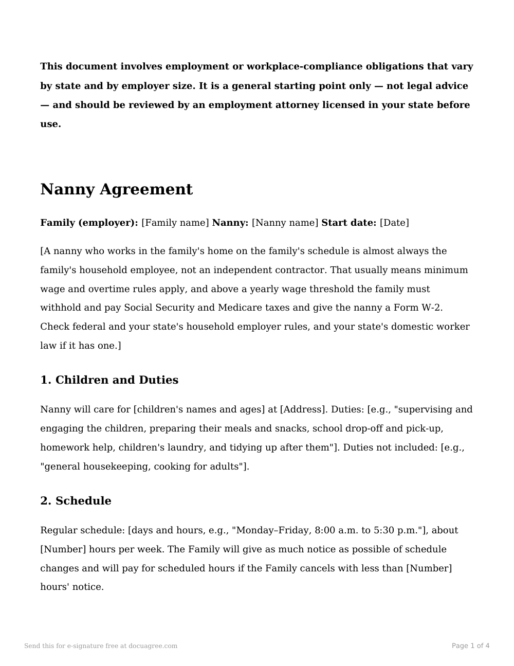 Preview of the first page of the Nanny agreement template