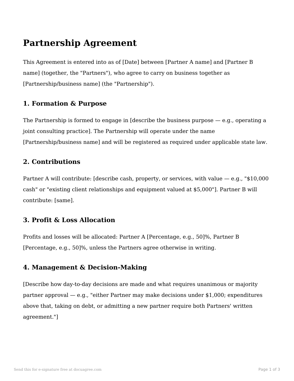 Preview of the first page of the Partnership agreement template