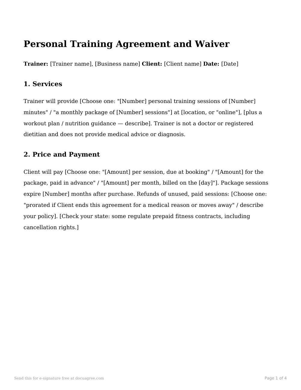 Preview of the first page of the Personal training agreement & waiver template
