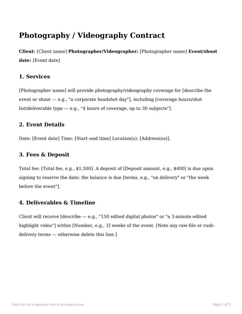 Preview of the first page of the Photography / videography contract template