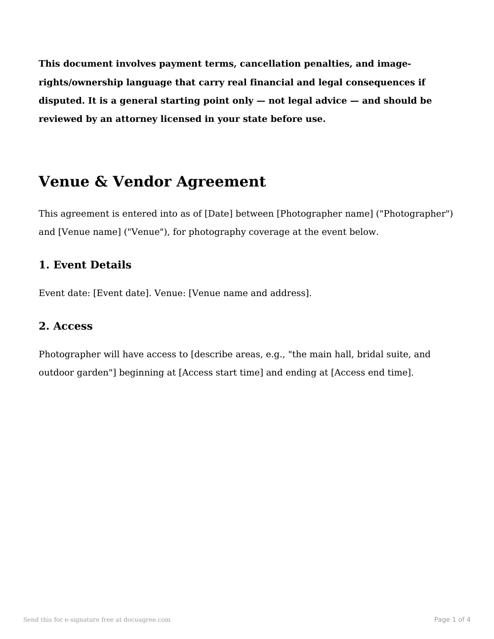 Preview of the first page of the Venue & vendor agreement template