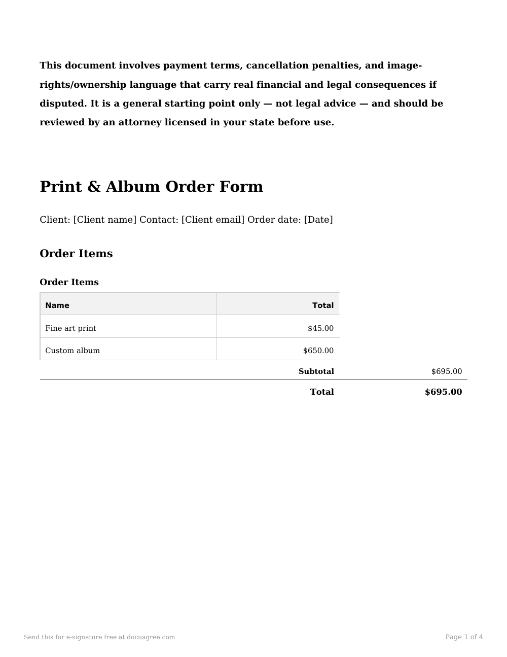 Preview of the first page of the Print & album order form template