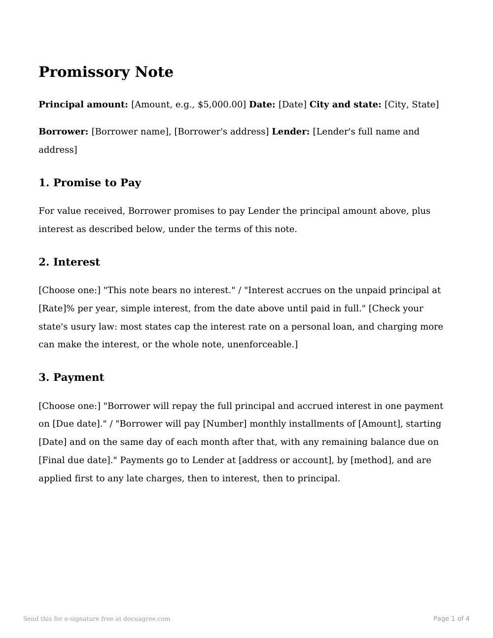 Preview of the first page of the Promissory note template