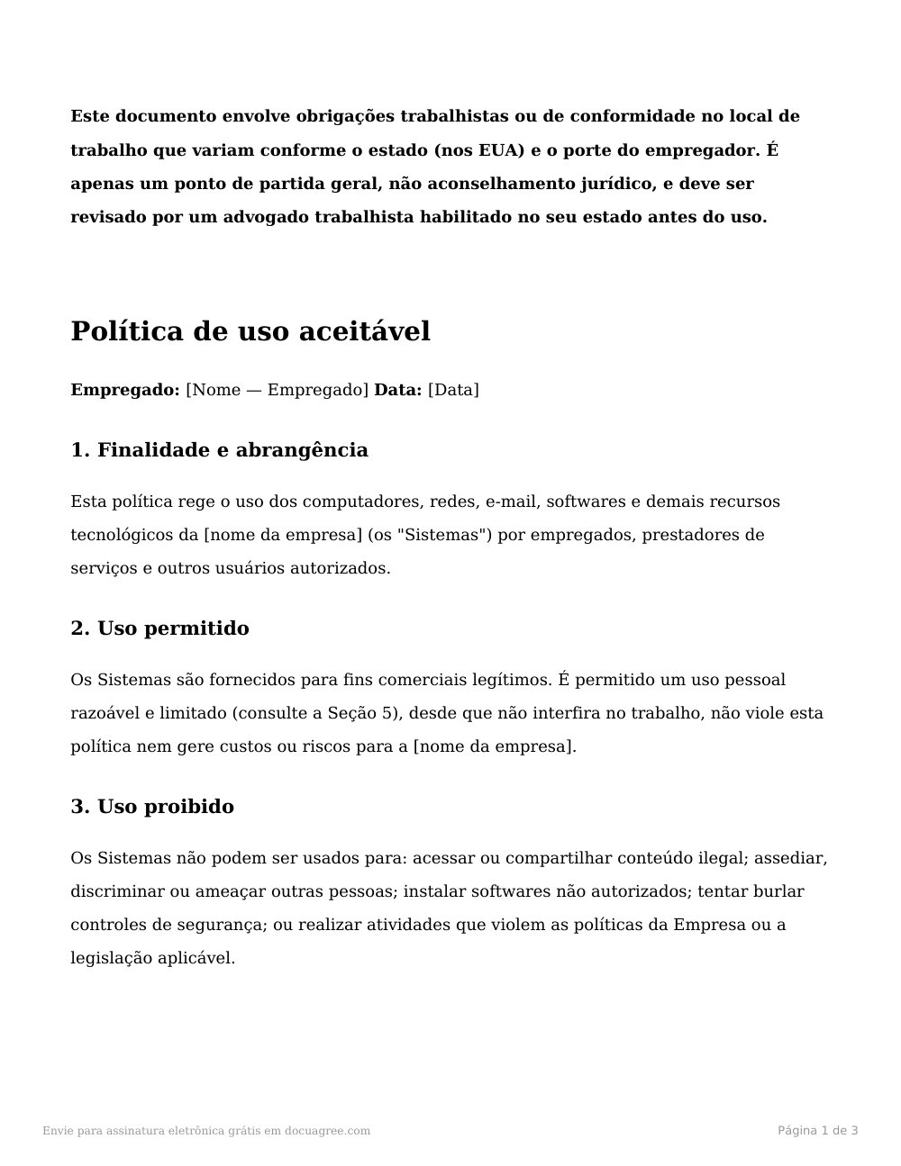 Prévia da primeira página do modelo Política de uso aceitável (TI/tecnologia)