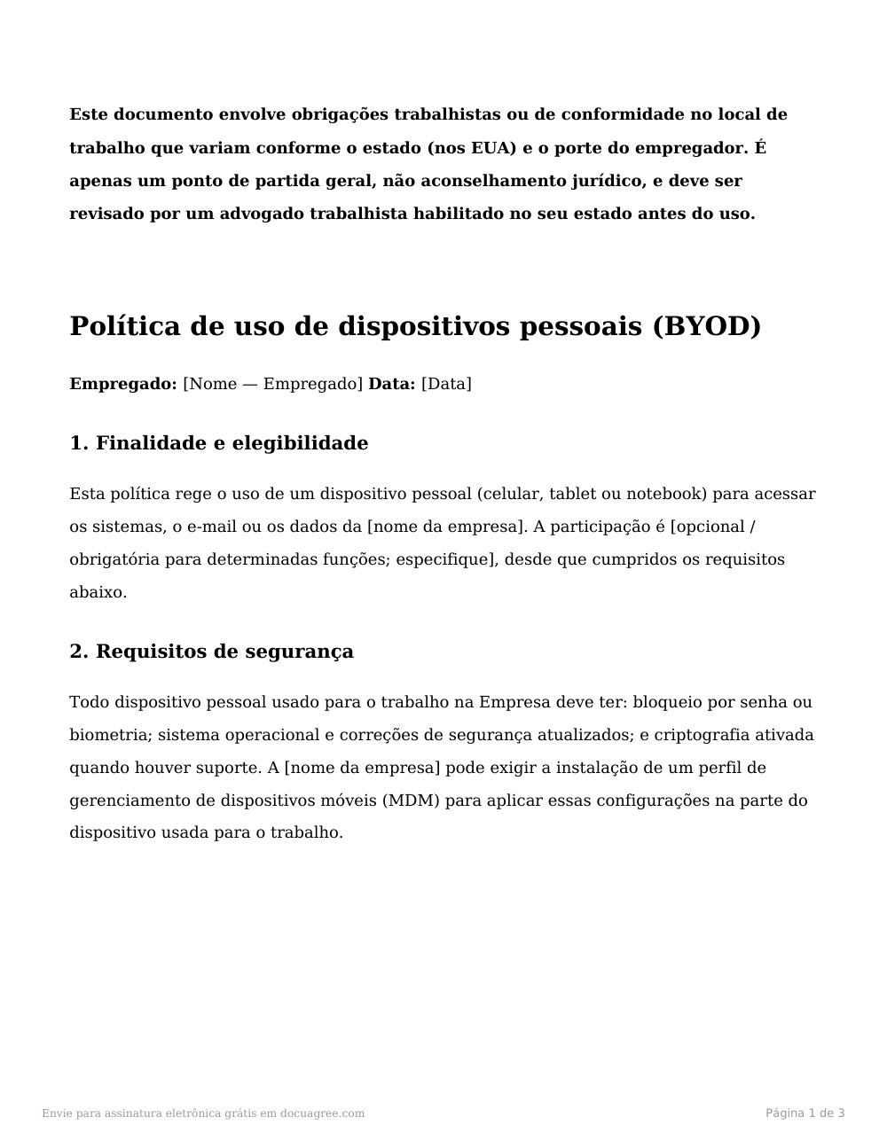 Prévia da primeira página do modelo Política BYOD (uso de dispositivos pessoais)