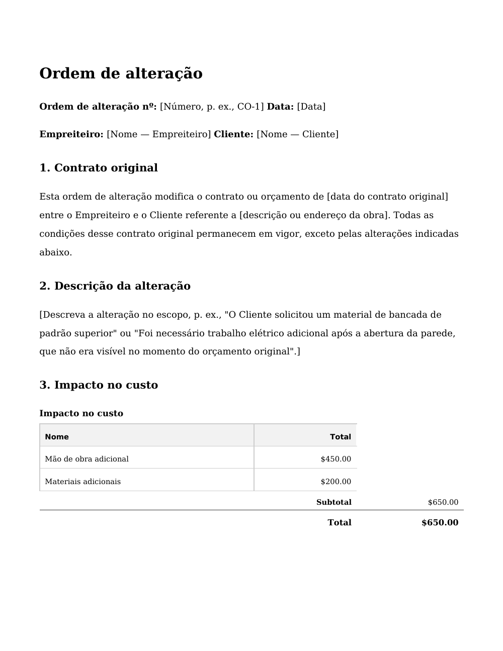 Prévia da primeira página do modelo Ordem de alteração