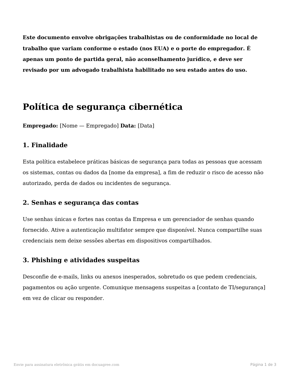 Prévia da primeira página do modelo Termo de ciência da política de segurança cibernética
