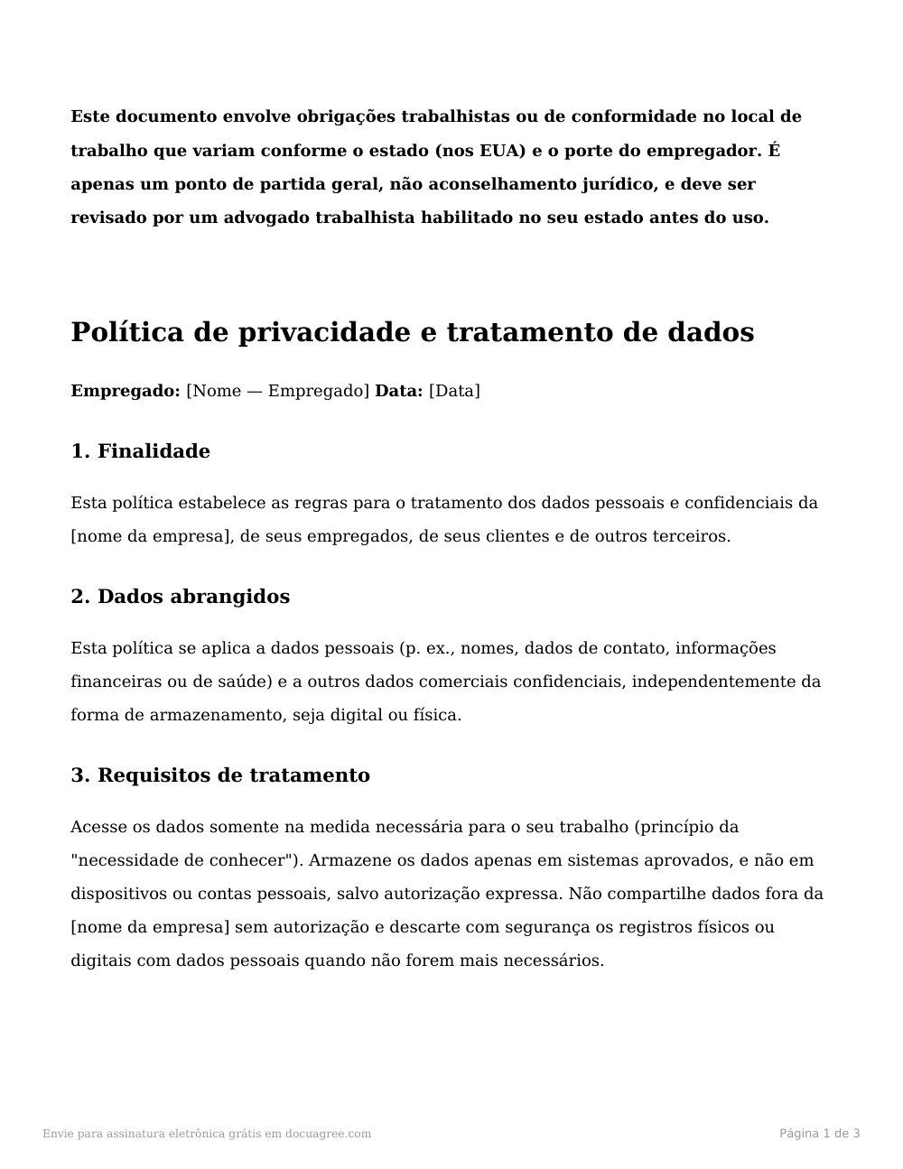 Prévia da primeira página do modelo Termo de ciência da política de privacidade e tratamento de dados