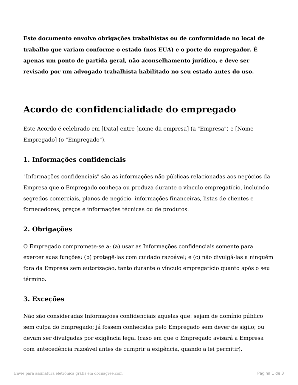 Prévia da primeira página do modelo Acordo de confidencialidade do empregado