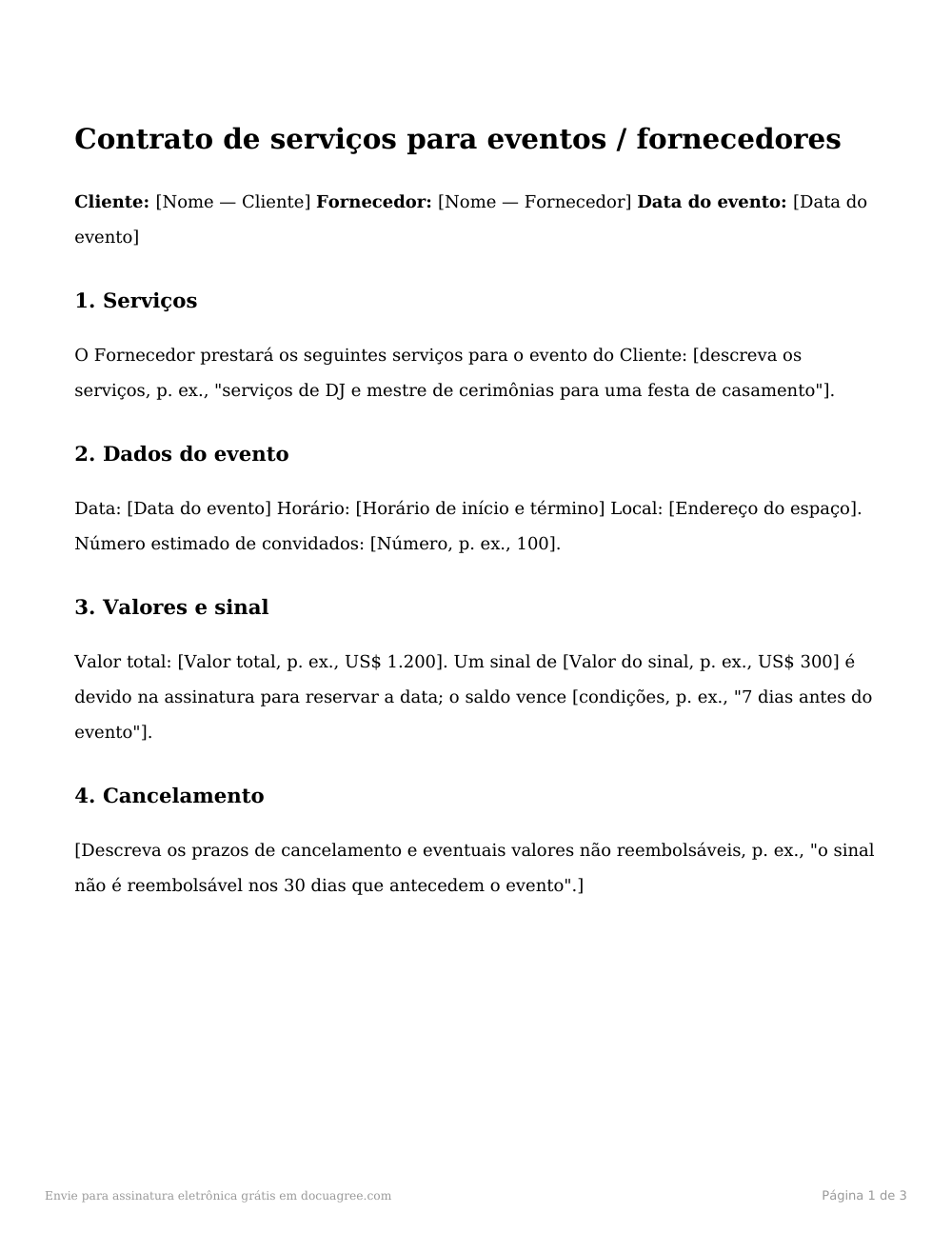 Prévia da primeira página do modelo Contrato de serviços para eventos / fornecedores